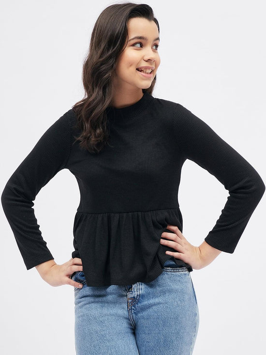 Black Ribbed Peplum Top