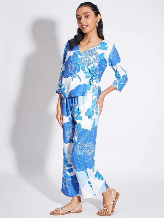 Blue floral printed wrap set