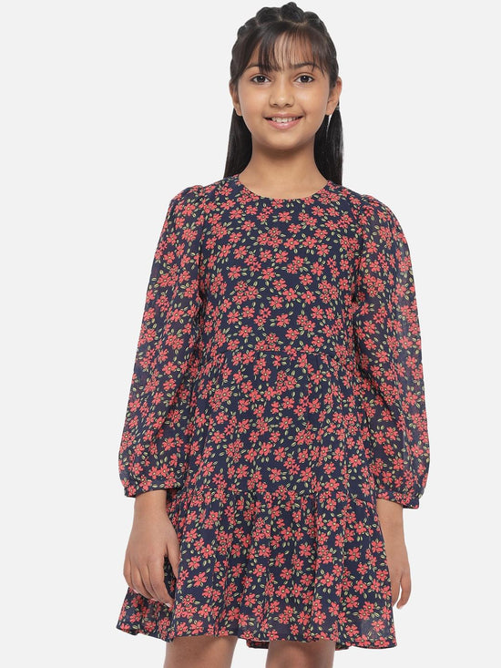 Blue & Red Floral Georgette A-Line Dress