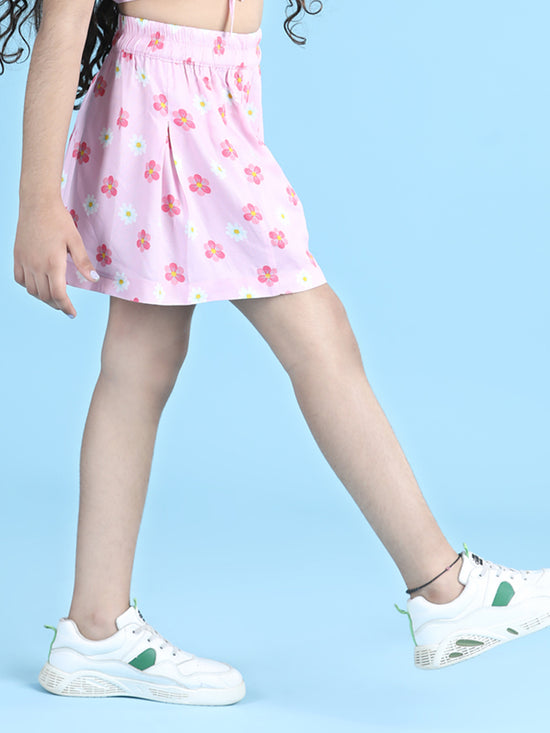 Floral Print Girls Pleated Pink Skirt