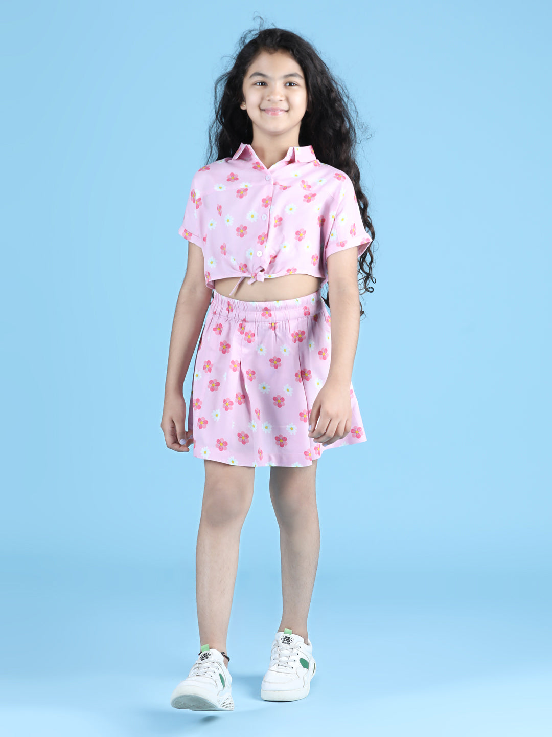 Floral Print Girls Pleated Pink Skirt