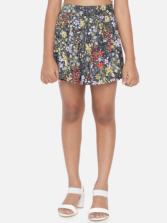 Floral Print Girls Pleated Multicolor Skirt