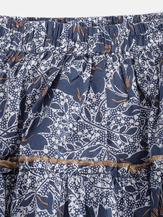 Floral Print Girls Tiered Blue Skirt
