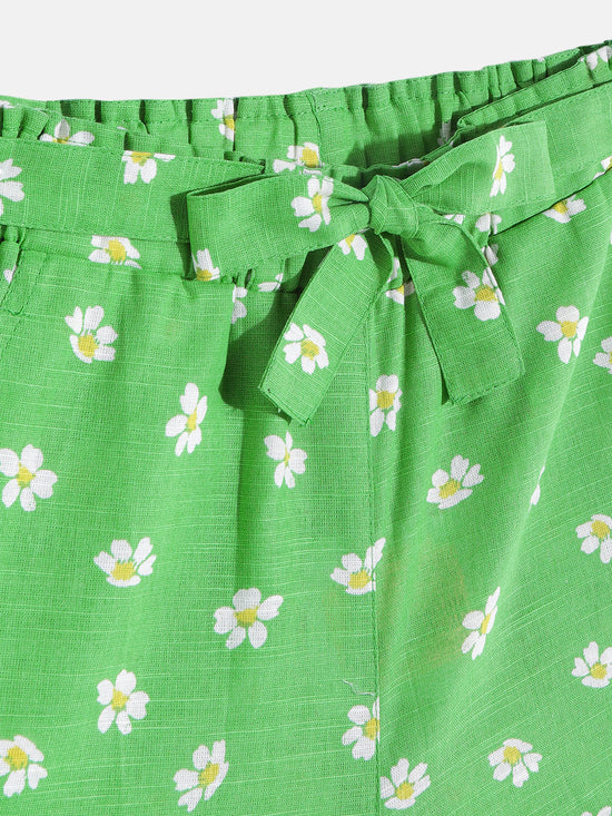 Short For Girls Casual Floral Print Pure Cotton (Green, Pack of 1)
