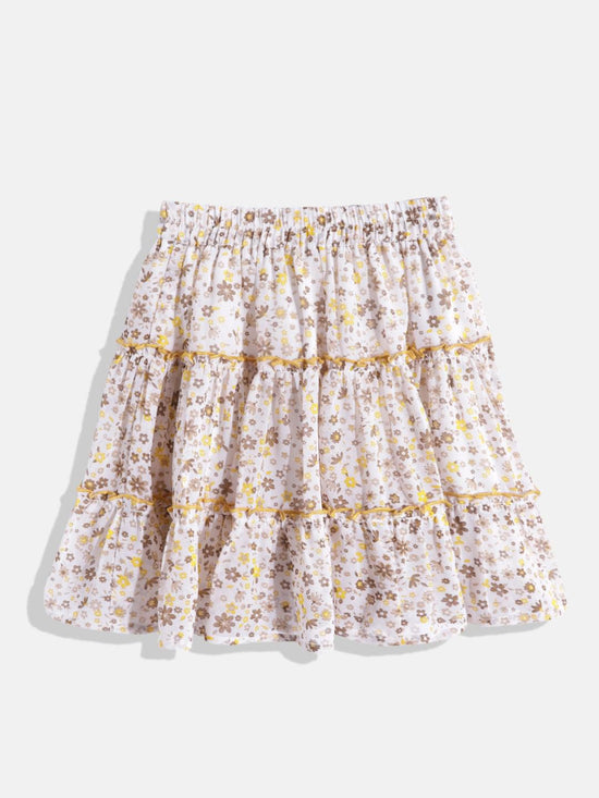 Floral Print Girls Flared White Skirt