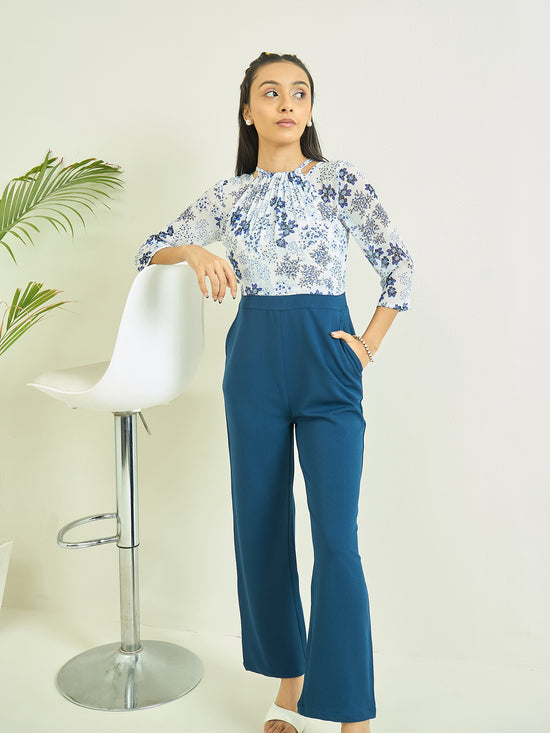 Luyk Girls Blue Floral Printed Jumpsuit