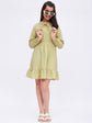 Girls Self Design Tie-Up Neck Puff Sleeve Fit & Flare Dress