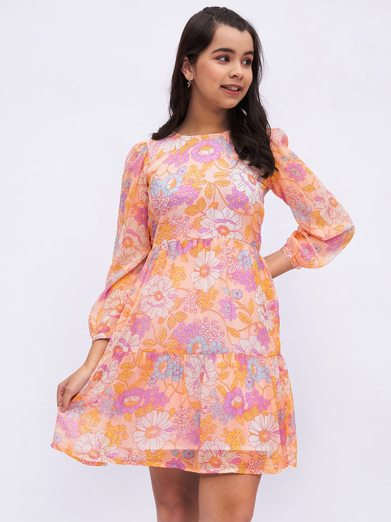 Floral Printed Puff Sleeve Fit & Flare Dress