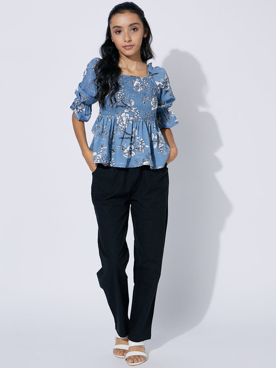 Grey floral top with Black cotton pants