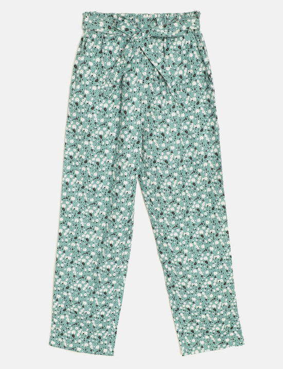 Girls Green & White Cotton Disty Floral Printed Paperbag Regular Trousers with Belt