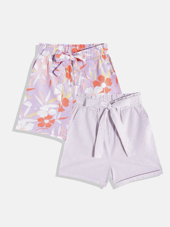 Short for Girls Casual Striped, Floral Print Pure Cotton (Purple, Pack of 2)