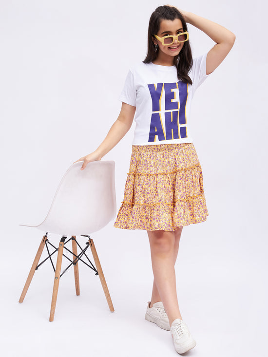 Printed tshirt with floral tired skirt