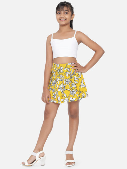 Floral Print Girls Pleated Yellow, White Skirt