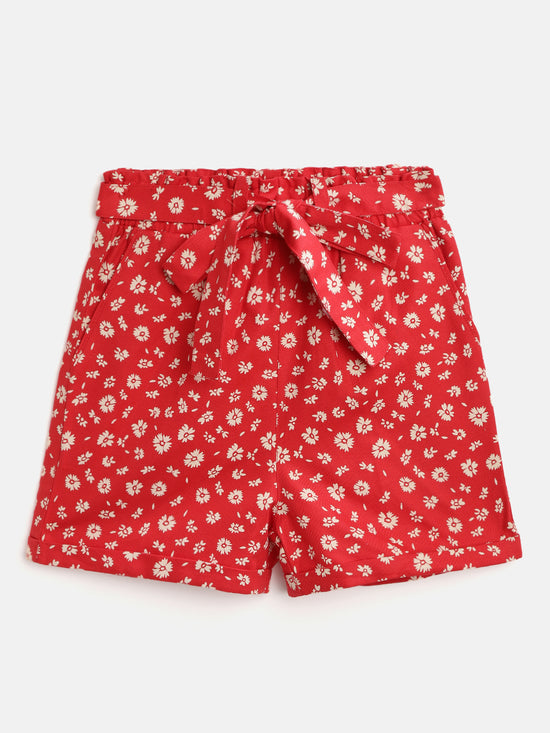 Short For Girls Casual Floral Print Pure Cotton (Red, Pack of 1)