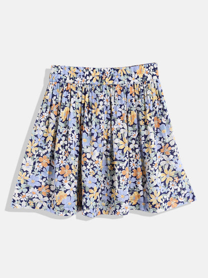 Floral Print Girls Pleated Blue Skirt