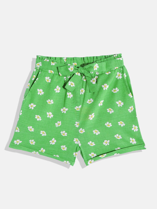 Short For Girls Casual Floral Print Pure Cotton (Green, Pack of 1)