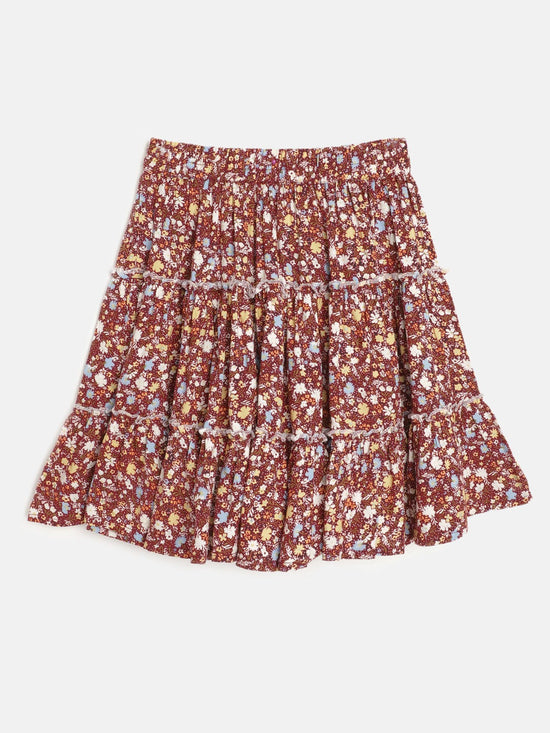 Floral Print Girls Tiered Maroon Skirt