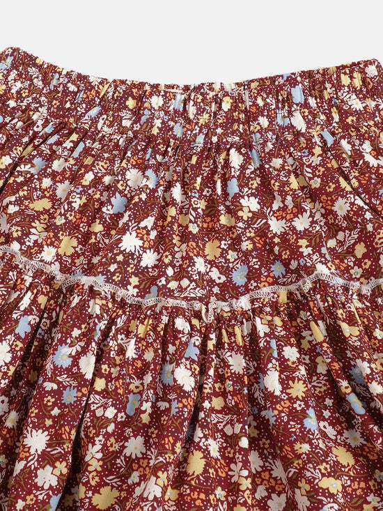 Floral Print Girls Tiered Maroon Skirt
